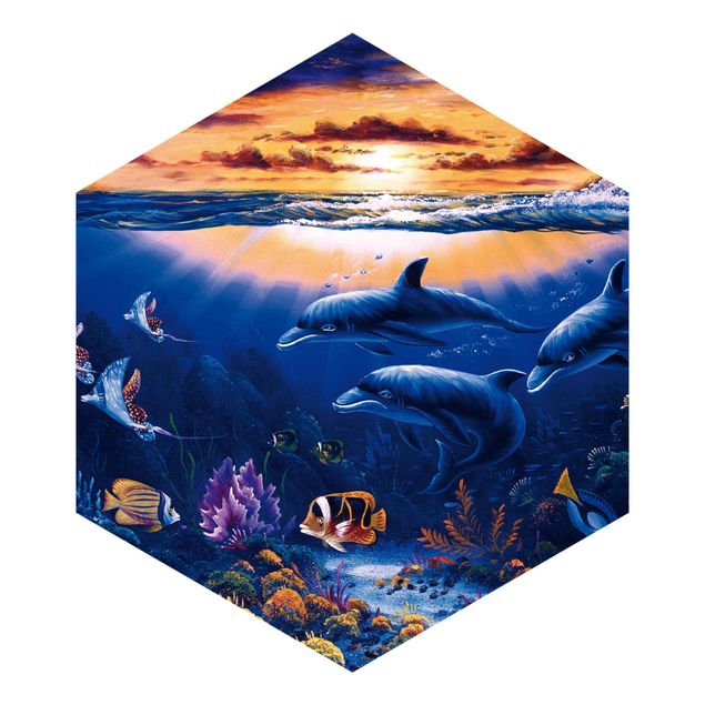 Self-adhesive hexagonal pattern wallpaper - Dolphins World