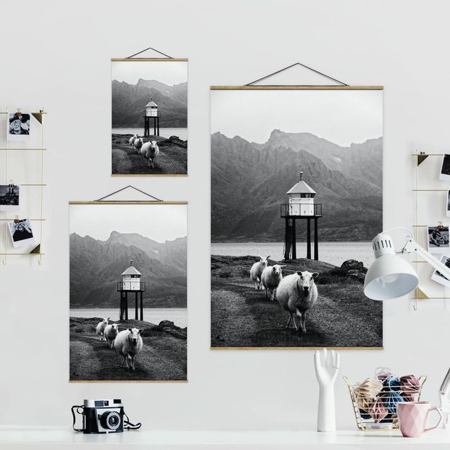 Fabric print with poster hangers - Three Sheep On the Lofoten - Portrait format 2:3