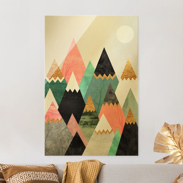 Glass print - Triangular Mountains With Gold Tips - Portrait format