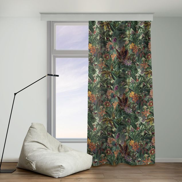 contemporary curtains Jungle Leaves And Flowers In Orange And Green
