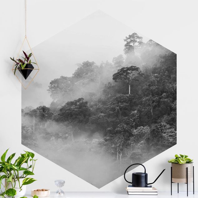 Hexagonal wallpapers Jungle In The Fog Black And White