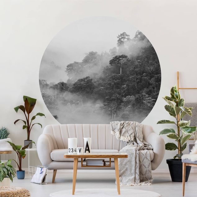 Self-adhesive round wallpaper forest - Jungle In The Fog Black And White