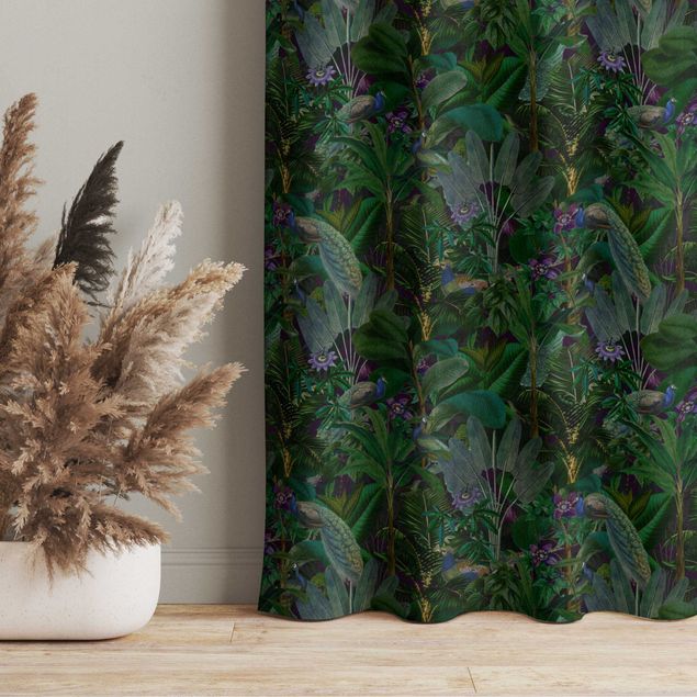 custom curtain Jungle Leaves With Peacocks