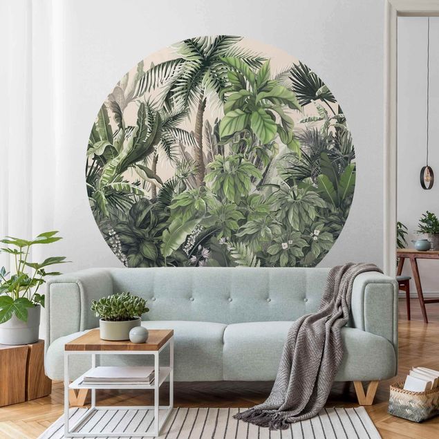 Self-adhesive round wallpaper - Jungle Plants In Green