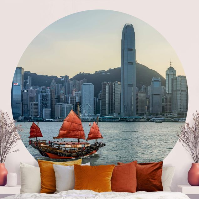 Self-adhesive round wallpaper - Junk In Victoria Harbour