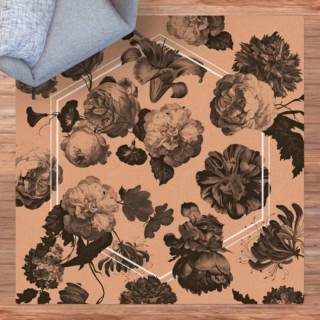 Cork mat - Dark Baroque Flowers With White Geometry - Square 1:1