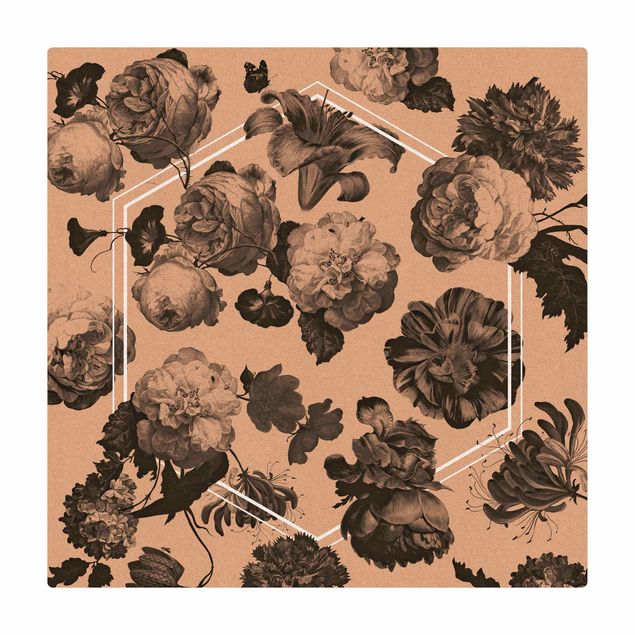 Cork mat - Dark Baroque Flowers With White Geometry - Square 1:1