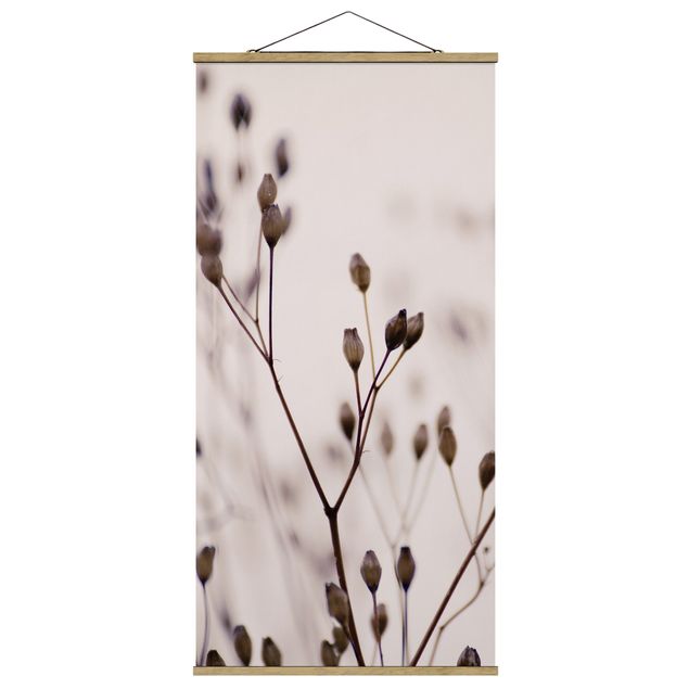 Fabric print with poster hangers - Dark Buds On Wild Flower Twig - Portrait format 1:2