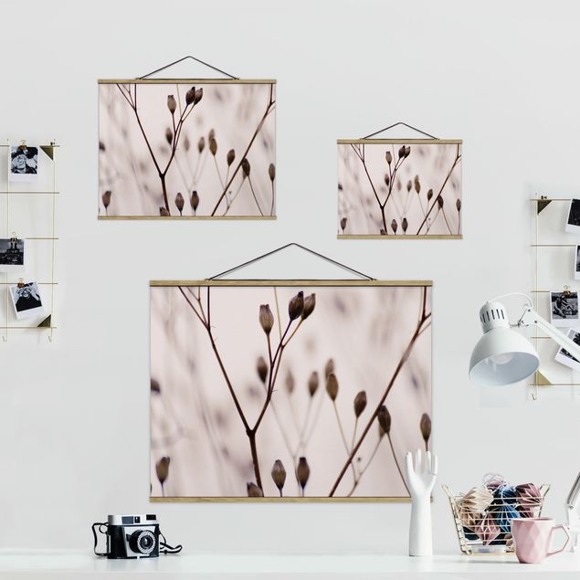 Fabric print with poster hangers - Dark Buds On Wild Flower Twig - Landscape format 4:3