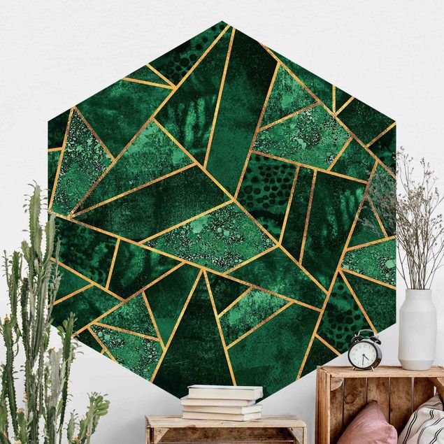 Self-adhesive hexagonal wall mural Dark Emerald With Gold
