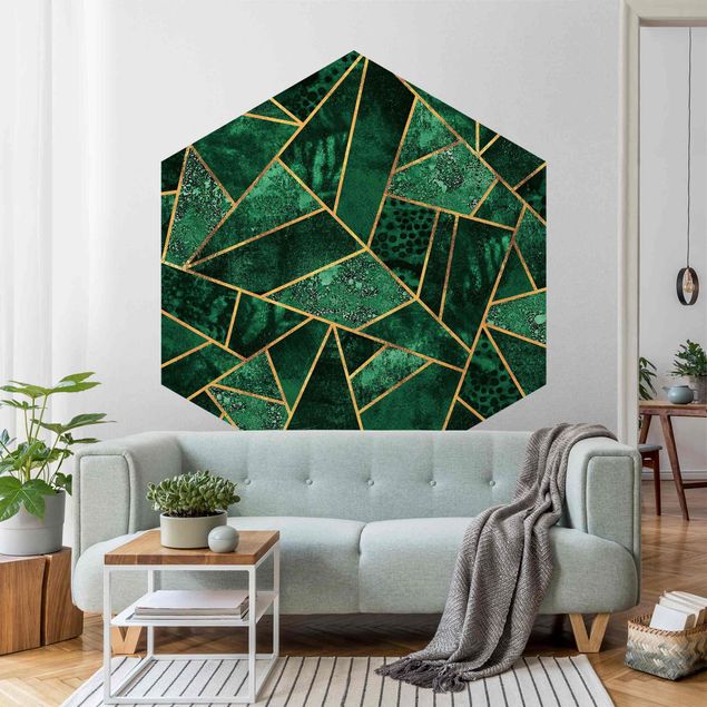 Self-adhesive hexagonal pattern wallpaper - Dark Emerald With Gold