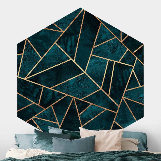 Hexagonal wall mural Dark Turquoise With Gold
