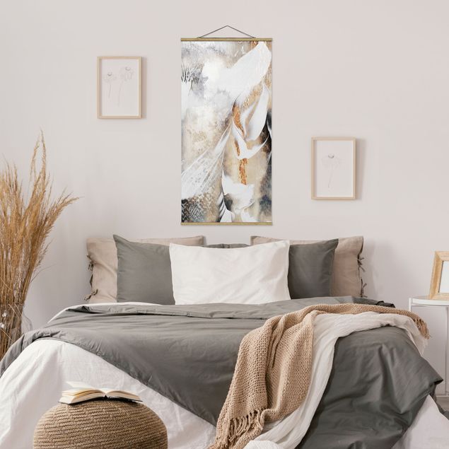Fabric print with poster hangers - Golden Abstract Winter Painting