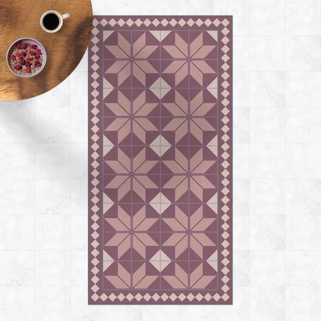 balcony mat Geometrical Tiles Star Flower Antique Pink With Small Border