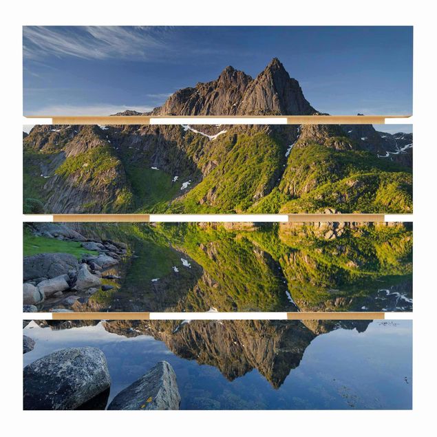 Print on wood - Mountain Landscape With Water Reflection In Norway