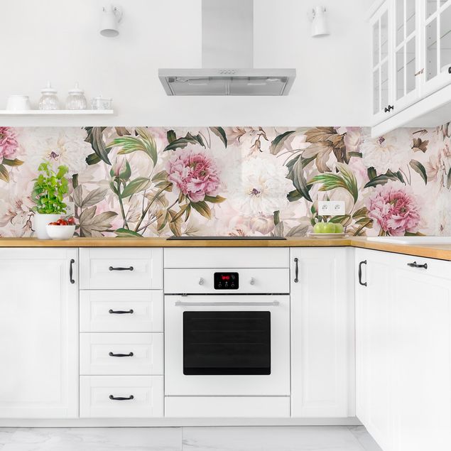 Kitchen wall cladding - Illustrated Peonies In Light Pink