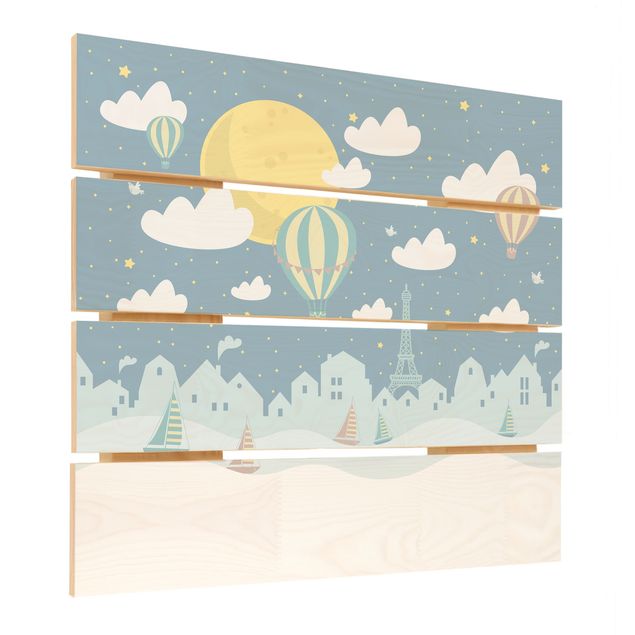 Print on wood - Paris With Stars And Hot Air Balloon