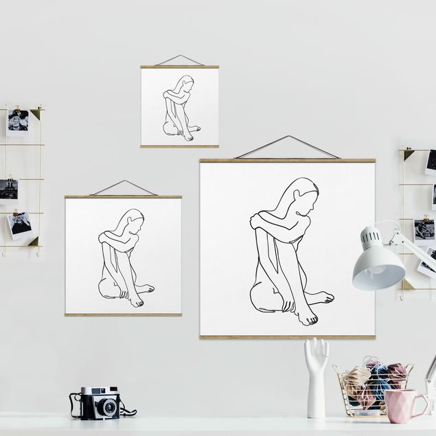 Fabric print with poster hangers - Line Art Woman Nude Black And White