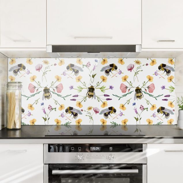 Glass splashback patterns Bees With Flowers