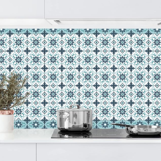 Kitchen splashback patterns Geometrical Tile Mix Flower Turquoise