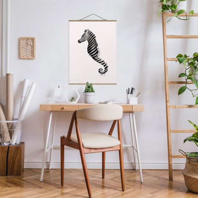 Fabric print with poster hangers - Seahorse With Zebra Stripes