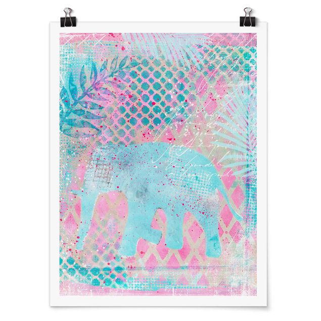 Poster - Colourful Collage - Elephant In Blue And Pink