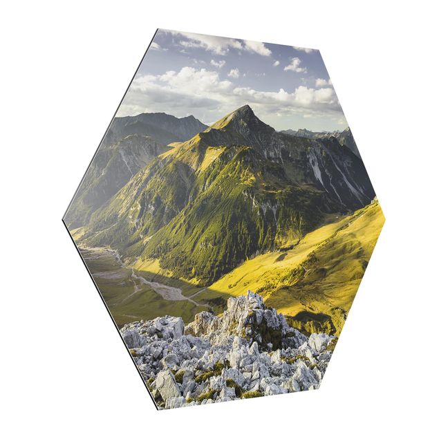 Alu-Dibond hexagon - Mountains And Valley Of The Lechtal Alps In Tirol