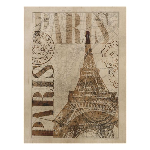 Print on wood - Shabby Chic Collage - Paris