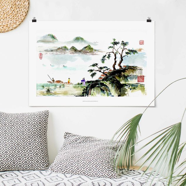 Poster - Japanese Watercolour Drawing Lake And Mountains