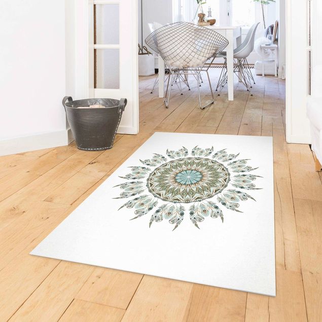 outdoor mat Mandala Watercolours Feathers Hand Painted Blue Green