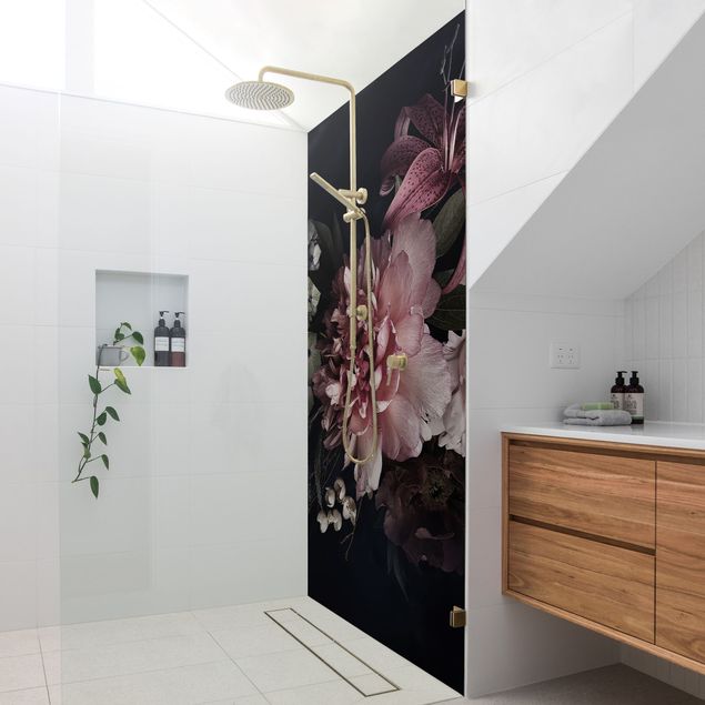 Shower wall cladding - Flowers With Fog On Black