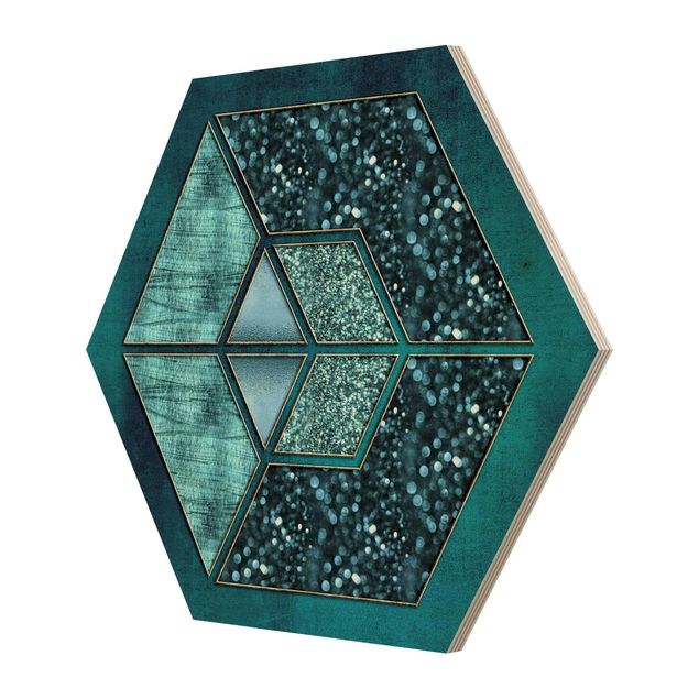 Hexagon Picture Wood - Blue Hexagon With Gold Outline