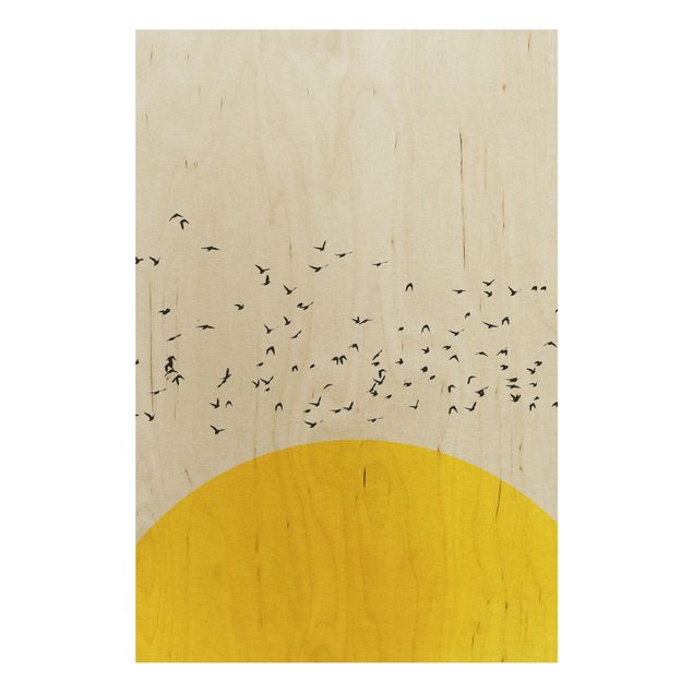 Print on wood - Flock Of Birds In Front Of Yellow Sun