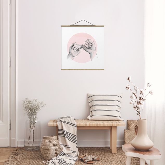Fabric print with poster hangers - Illustration Hands Friendship Circle Pink White