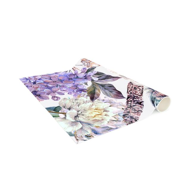 Floral rugs Delicate Watercolour Boho Flowers And Feathers Pattern