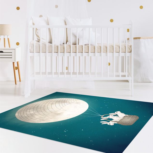 Outdoor rugs Illustration Rabbits Moon As Hot-Air Balloon Starry Sky