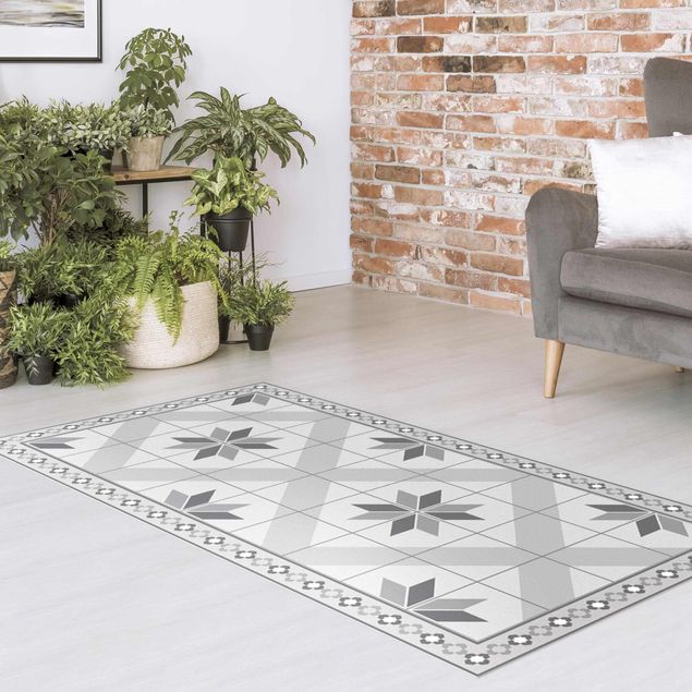 outdoor patio rugs Geometrical Tiles Rhombic Flower Grey With Narrow Border