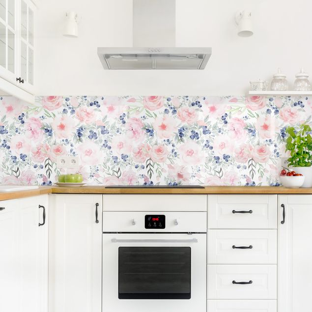 Kitchen splashbacks Pink Roses With Blueberries In Front Of White