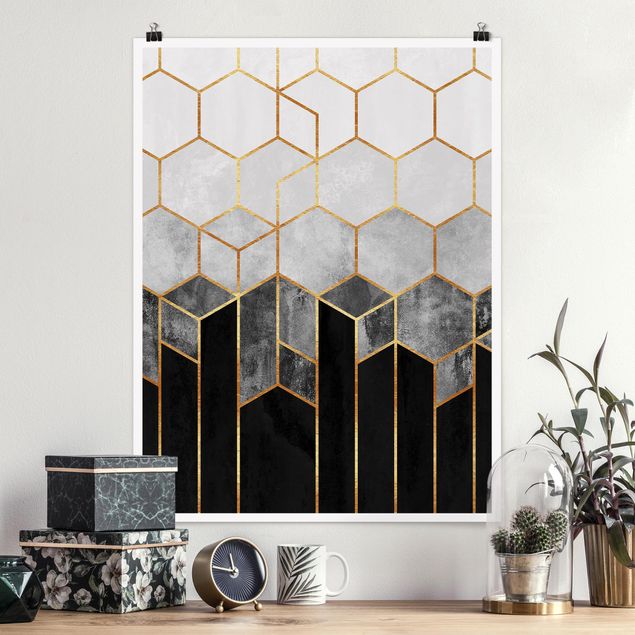 Poster - Golden Hexagons Black And White
