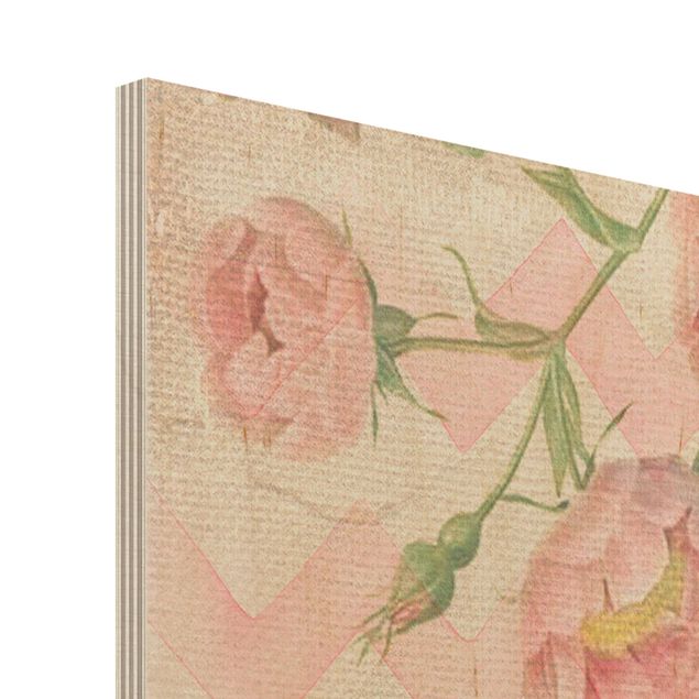 Print on wood - Vintage Collage - Pink Flowers Elephant