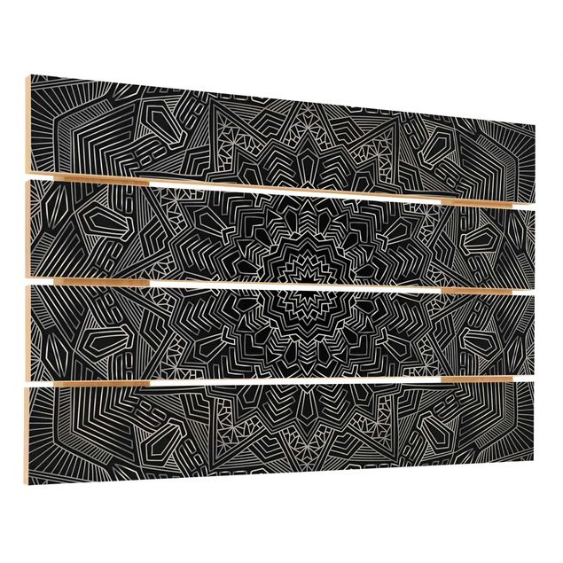 Print on wood - Mandala Star Pattern Silver Black