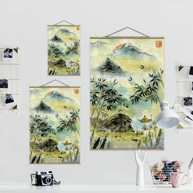 Fabric print with poster hangers - Japanese Watercolour Drawing Bamboo Forest