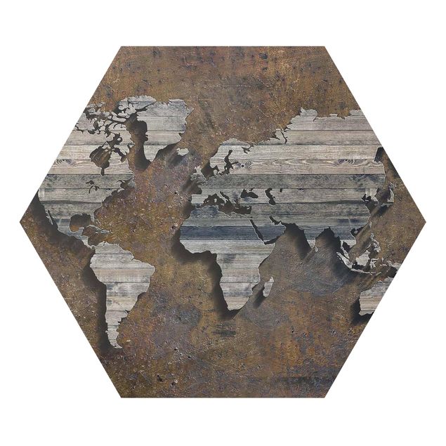 Alu-Dibond hexagon - Wooden Grid World Map