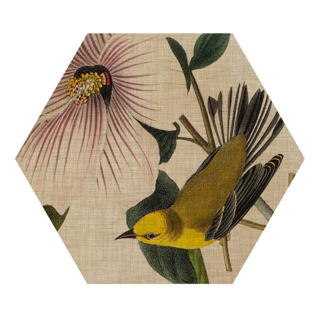 Wooden hexagon - Bird On Linen Yellow I