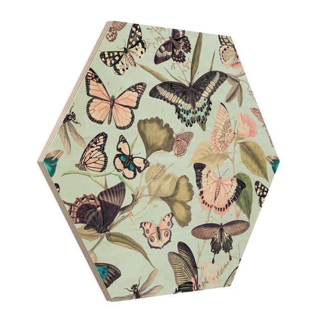 Hexagon Picture Wood - Vintage Collage - Butterflies And Dragonflies