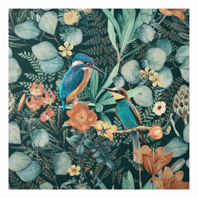 Print on aluminium - Floral Paradise Kingfisher And Hummingbird