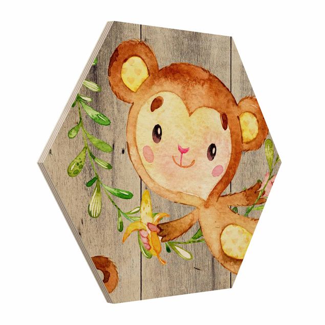 Hexagon Picture Wood - Watercolor Monkey On Wood