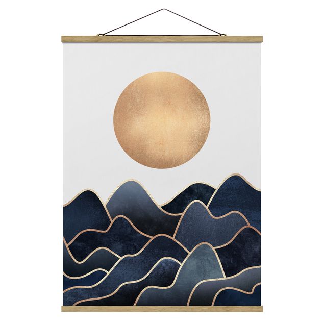 Fabric print with poster hangers - Golden Sun Blue Waves