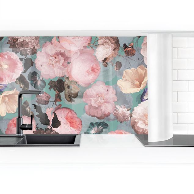 Kitchen wall cladding - Pastel Dream Of Roses On Blue
