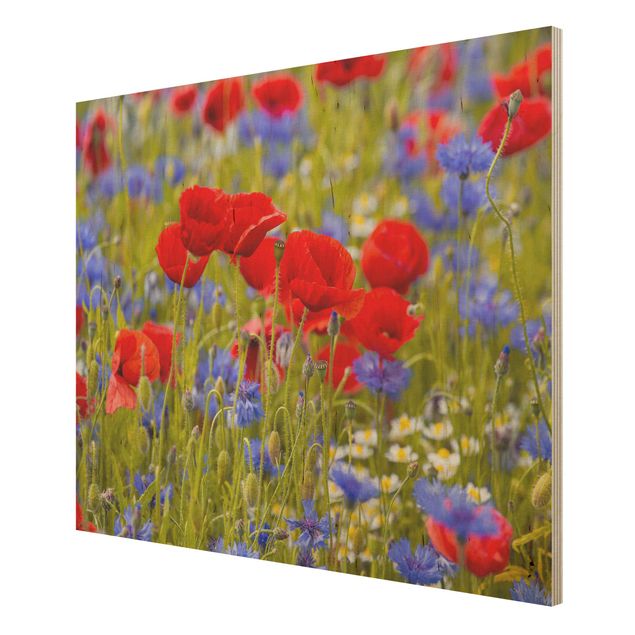 Print on wood - Summer Meadow With Poppies And Cornflowers